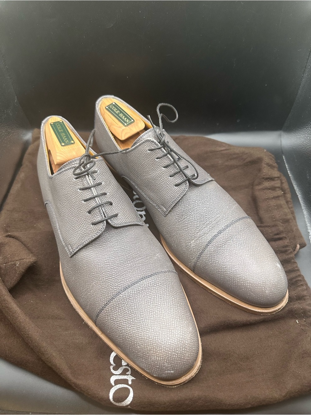 A. Testoni Light Gray Textured Cap-Toe Derbys Full Presentation US10.5/11.5